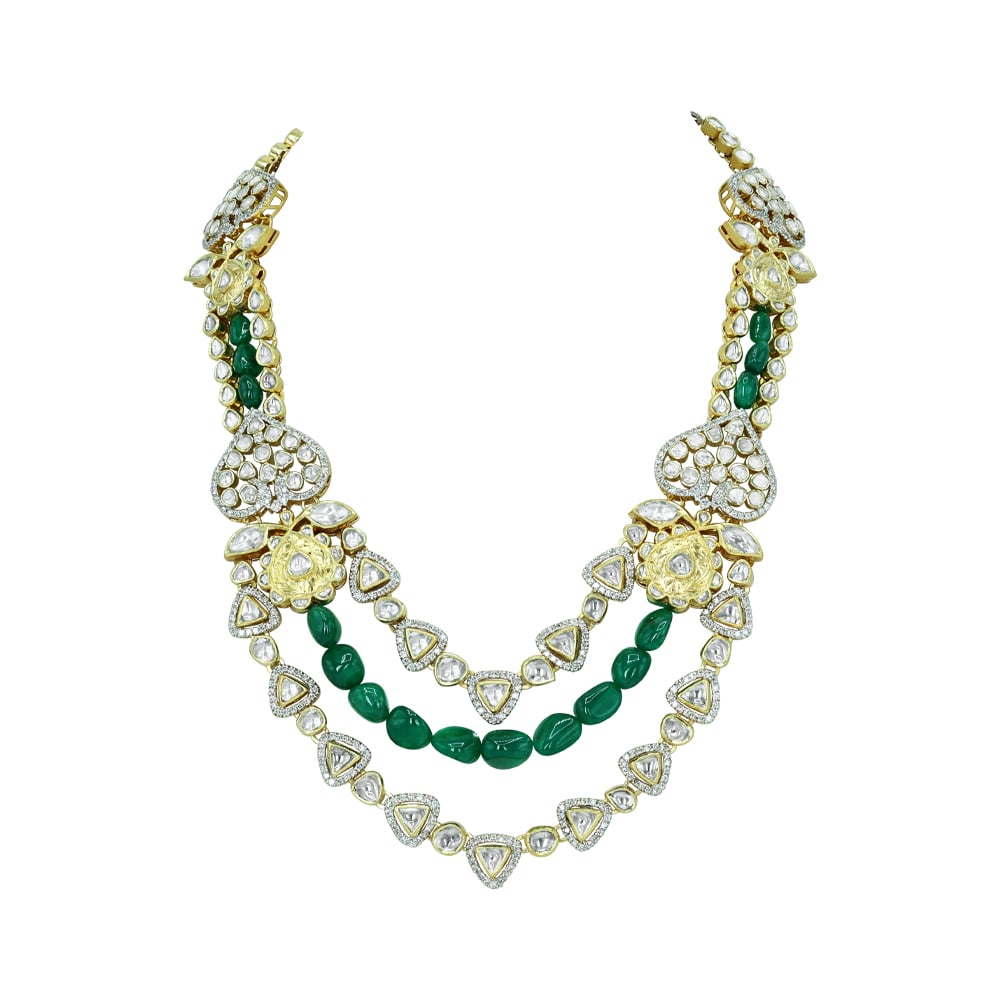Layered Polki Necklace with Emerald Maniya and Floral Motifs